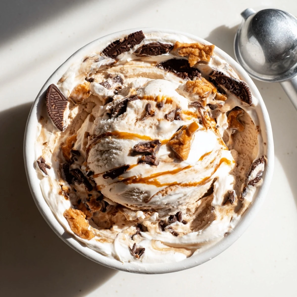 Creamy chocolate Ninja Creami Phish Food ice cream swirled with marshmallow fluff and caramel sauce in a bowl