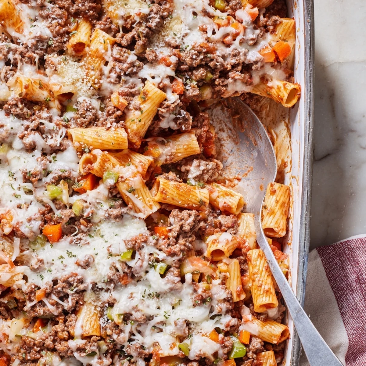 Golden bubbling Bolognese pasta bake fresh from the oven with melted mozzarella topping