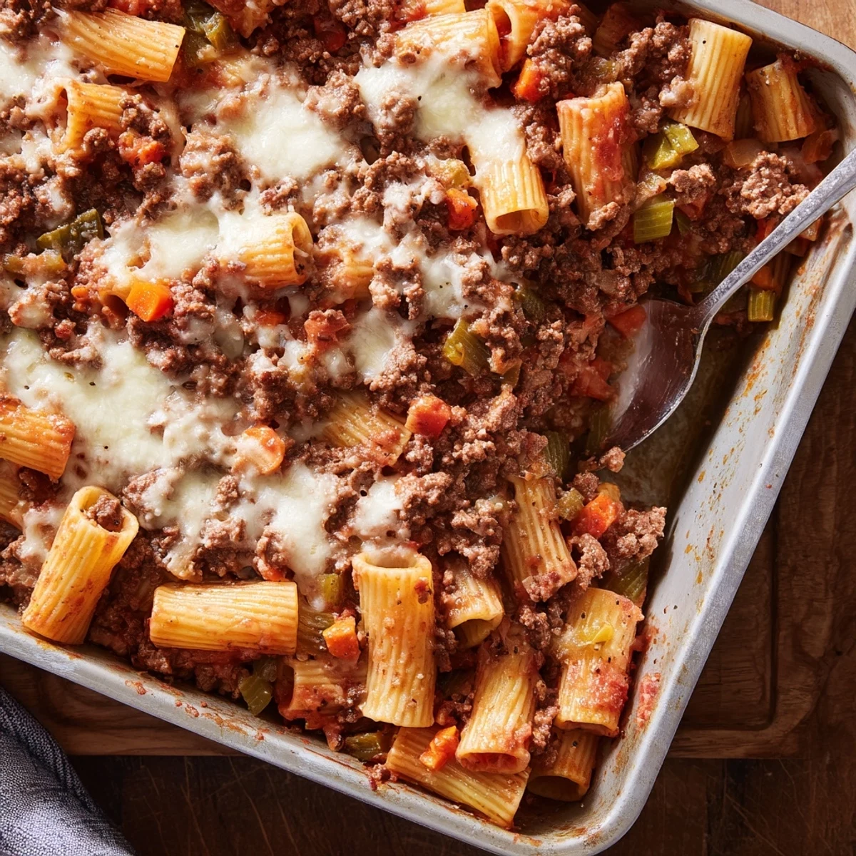 Rigatoni pasta tossed with rich meaty Bolognese sauce and baked until cheese is golden