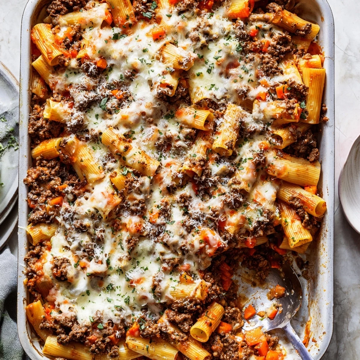 Comforting Italian Bolognese pasta bake casserole with crispy Parmesan and mozzarella layer