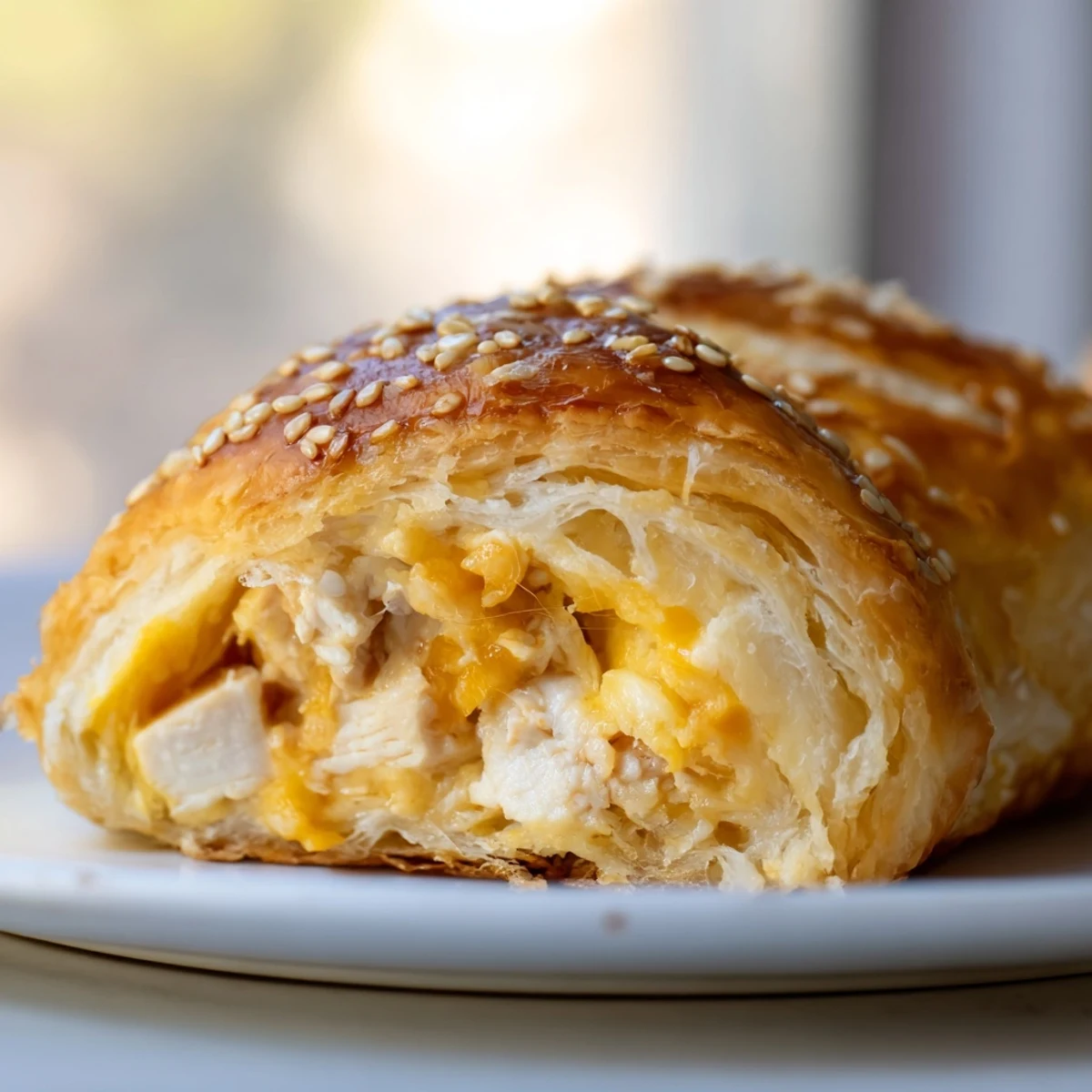 Golden brown cheesy chicken pockets fresh from the oven with flaky pastry crust