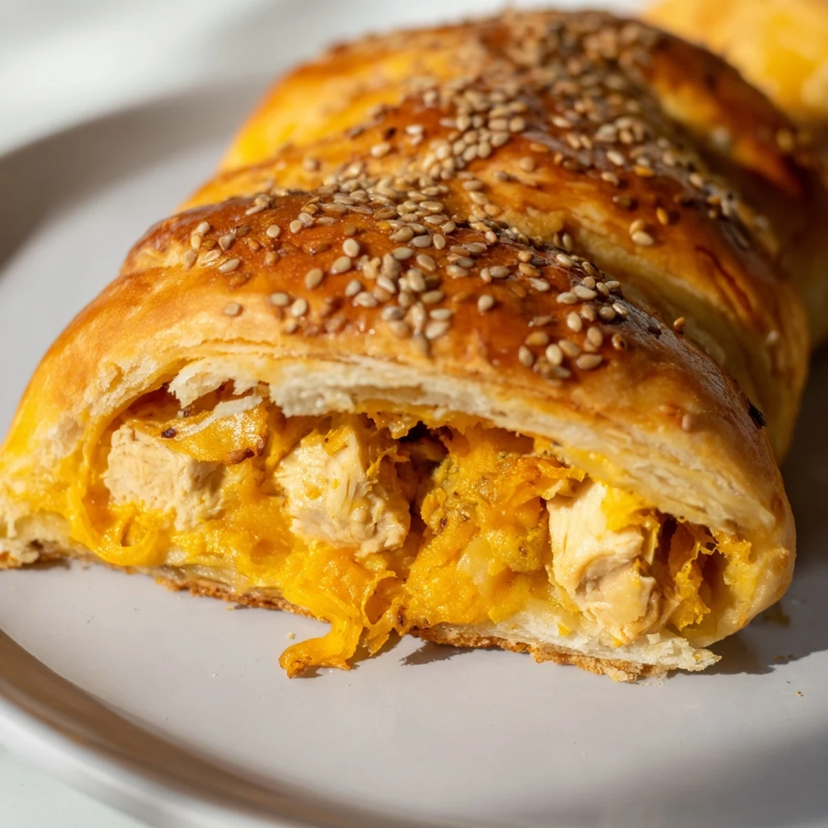 Gooey melted cheddar cheese and seasoned chicken stuffed inside golden baked pastry pockets