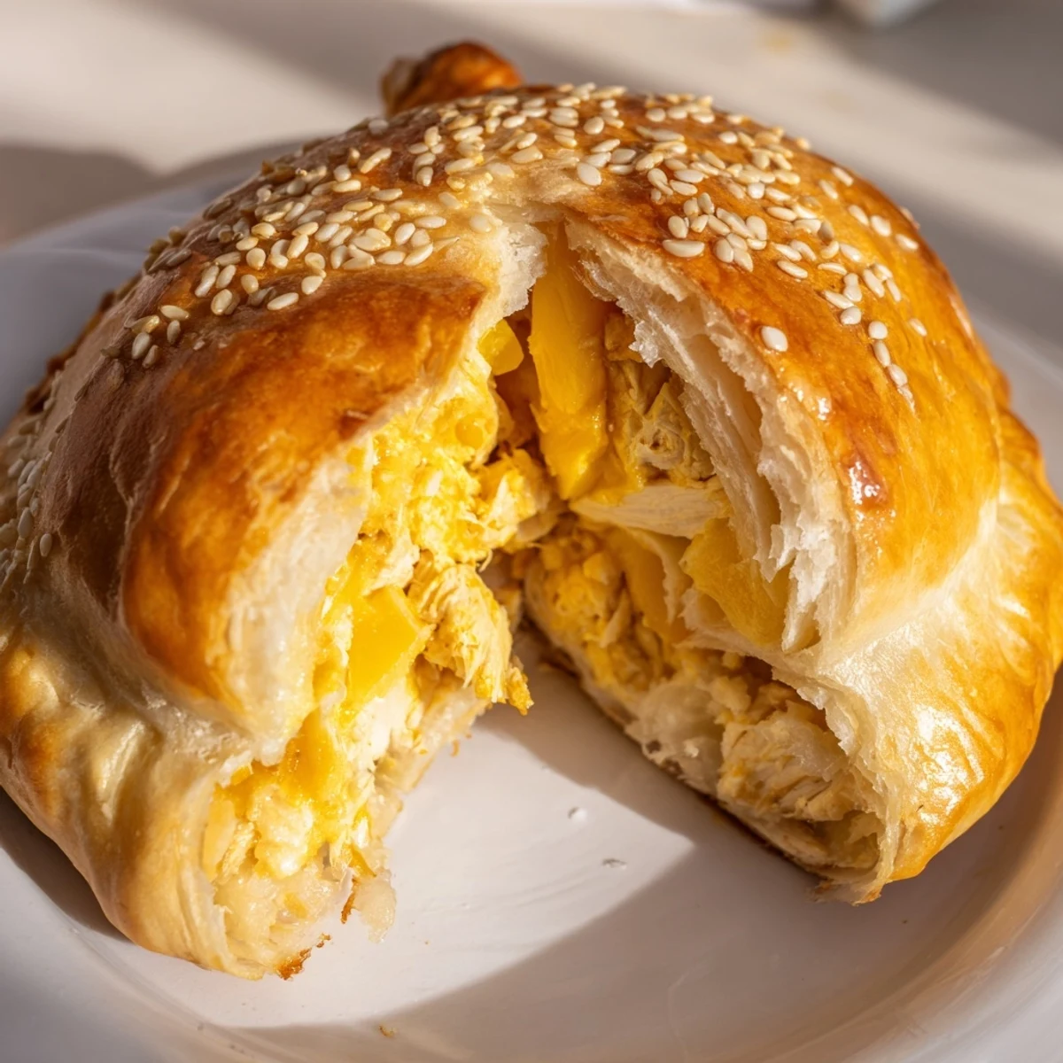 Flaky baked pastry pockets filled with creamy chicken and cheese mixture on white plate