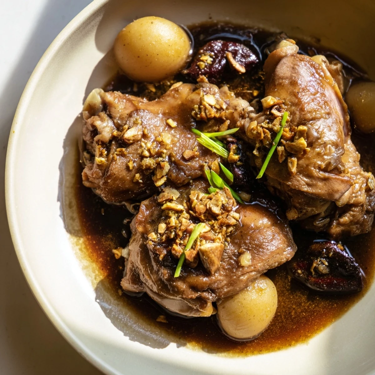 Golden brown Filipino chicken adobo pieces swimming in rich dark soy vinegar sauce with whole garlic cloves