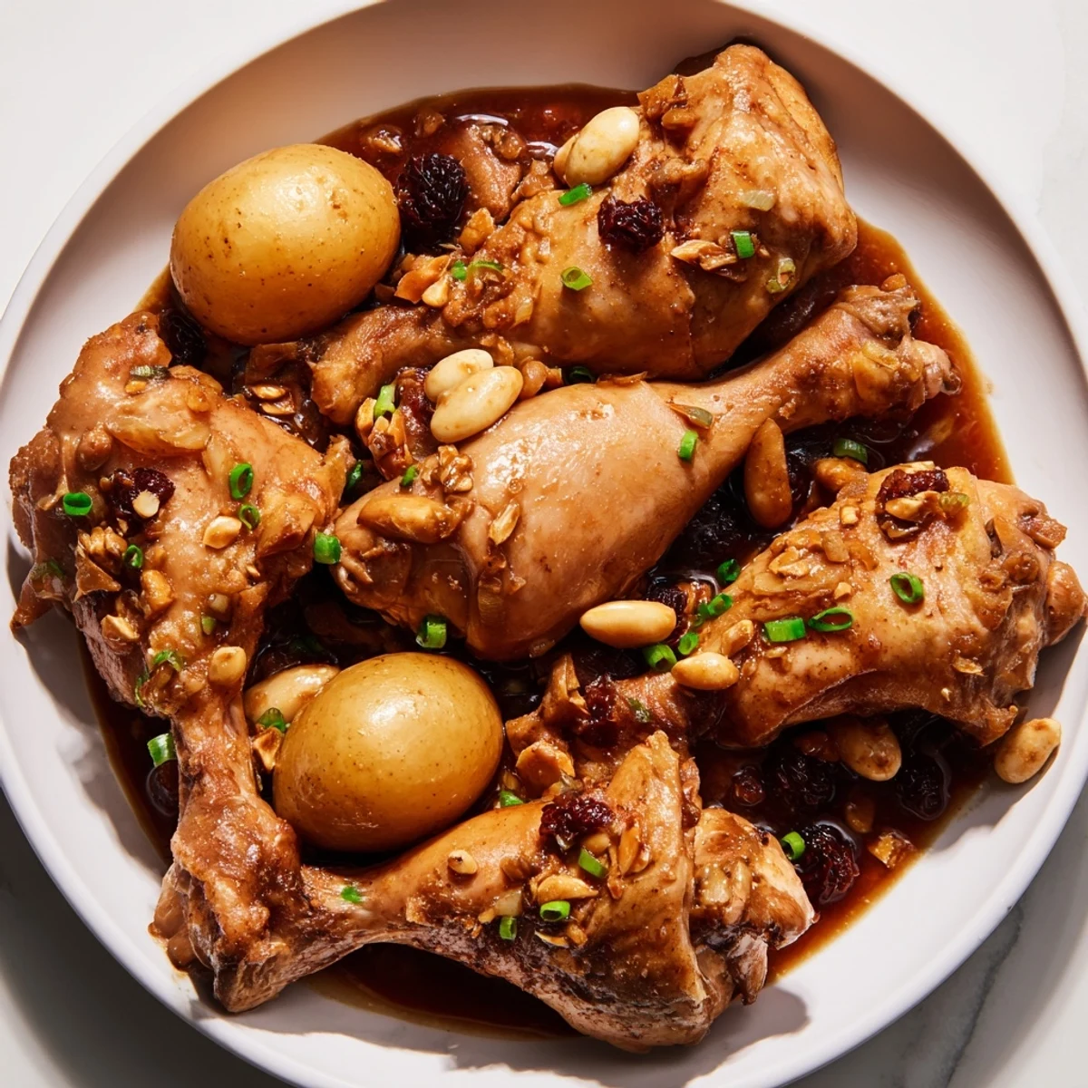 Tender chicken thighs braised in savory adobo sauce served over fluffy steamed white jasmine rice