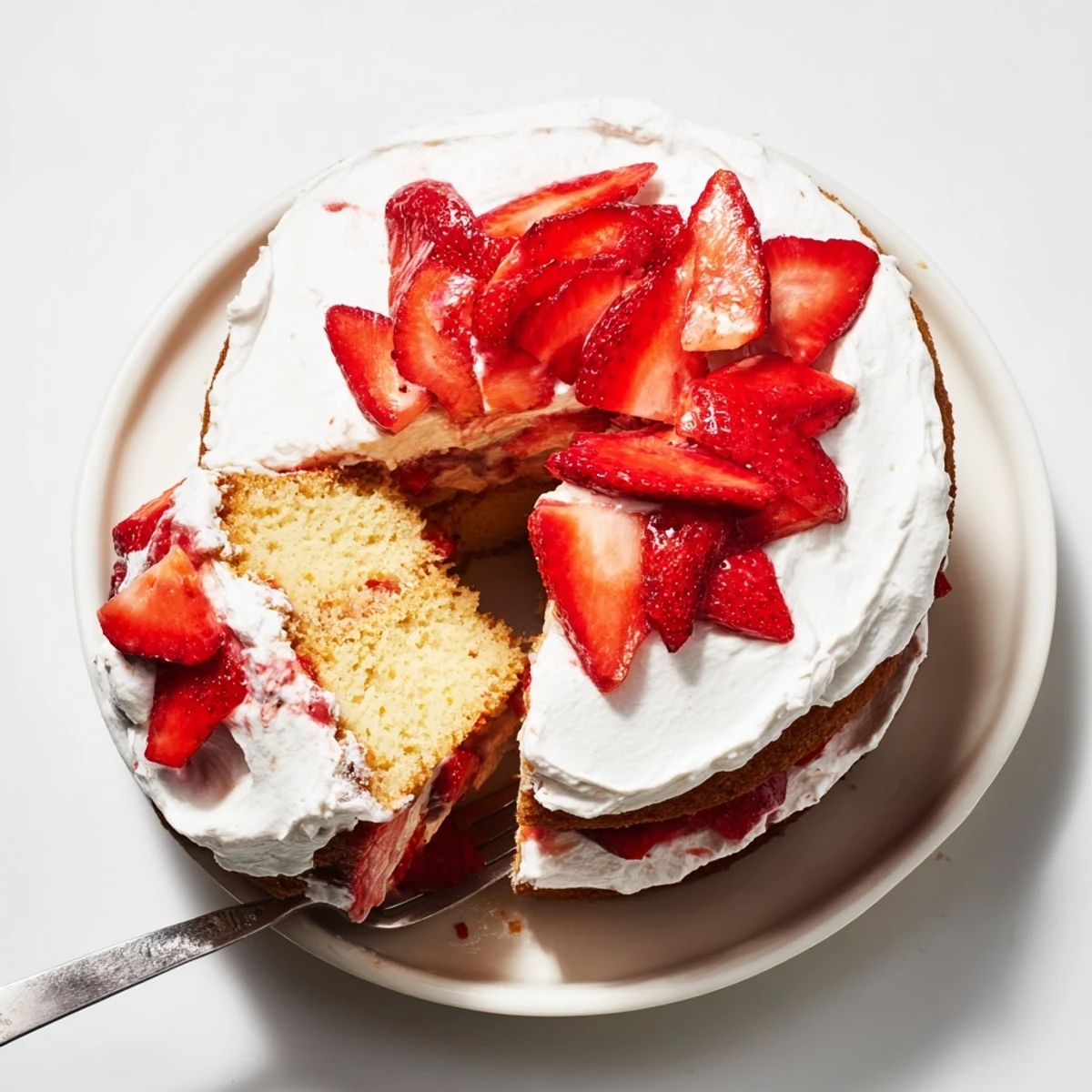 Layered strawberry shortcake cake with fluffy vanilla sponge, whipped cream, and fresh juicy strawberries