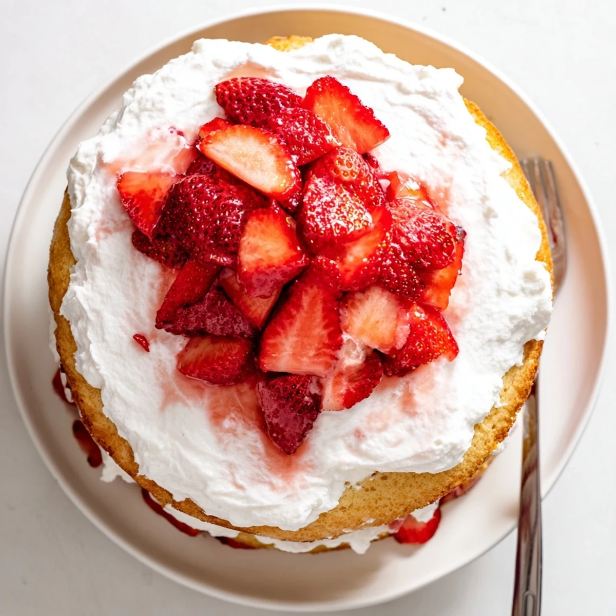 Two-tier strawberry shortcake cake topped with macerated strawberries and clouds of sweet whipped cream