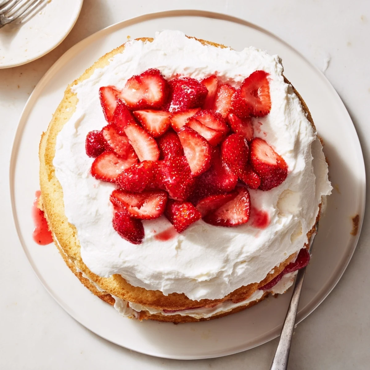 Golden strawberry shortcake cake slice showing white cream filling and bright red berry topping