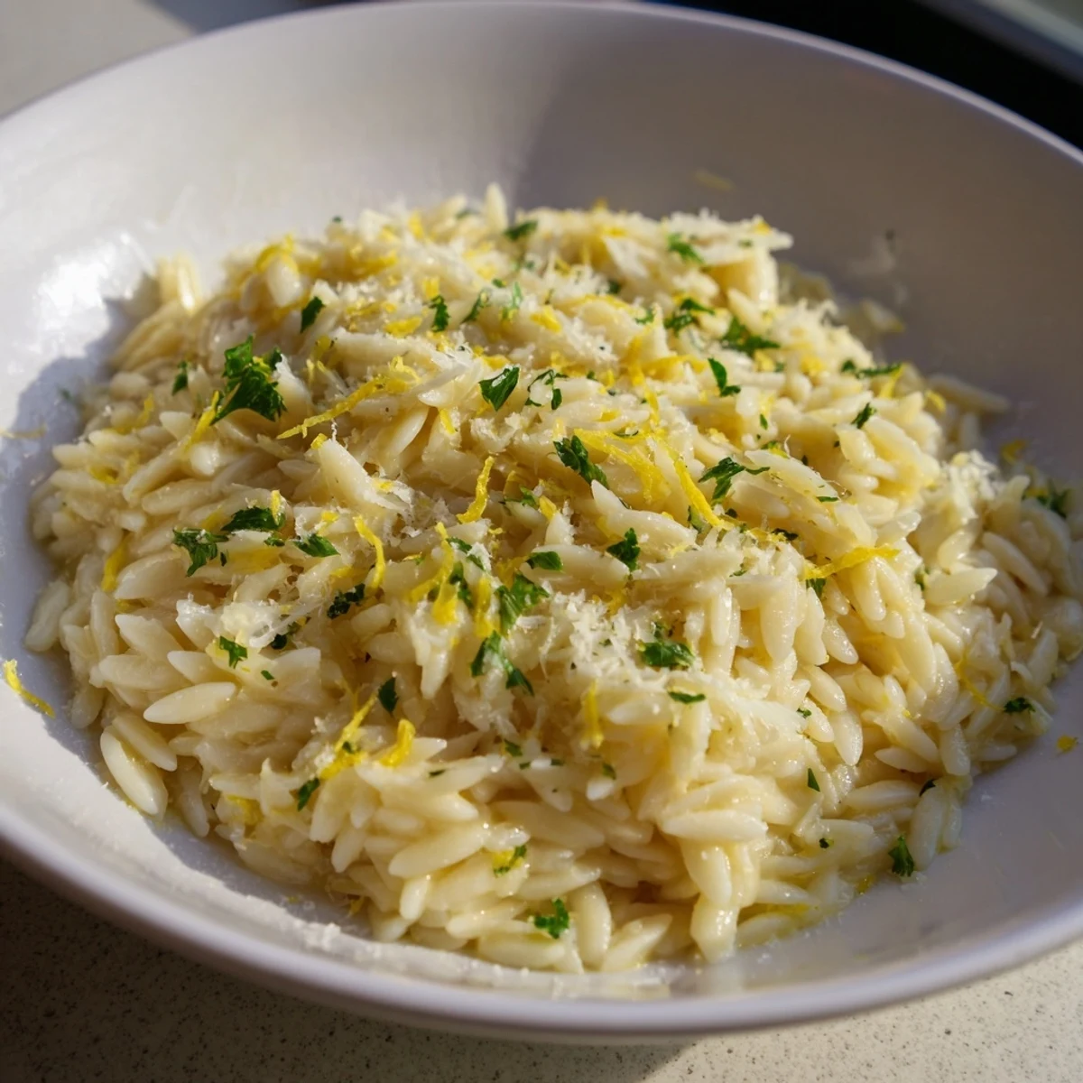 Light Mediterranean lemon orzo dish showcasing tender pasta pearls with citrus infusion and herb sprinkles