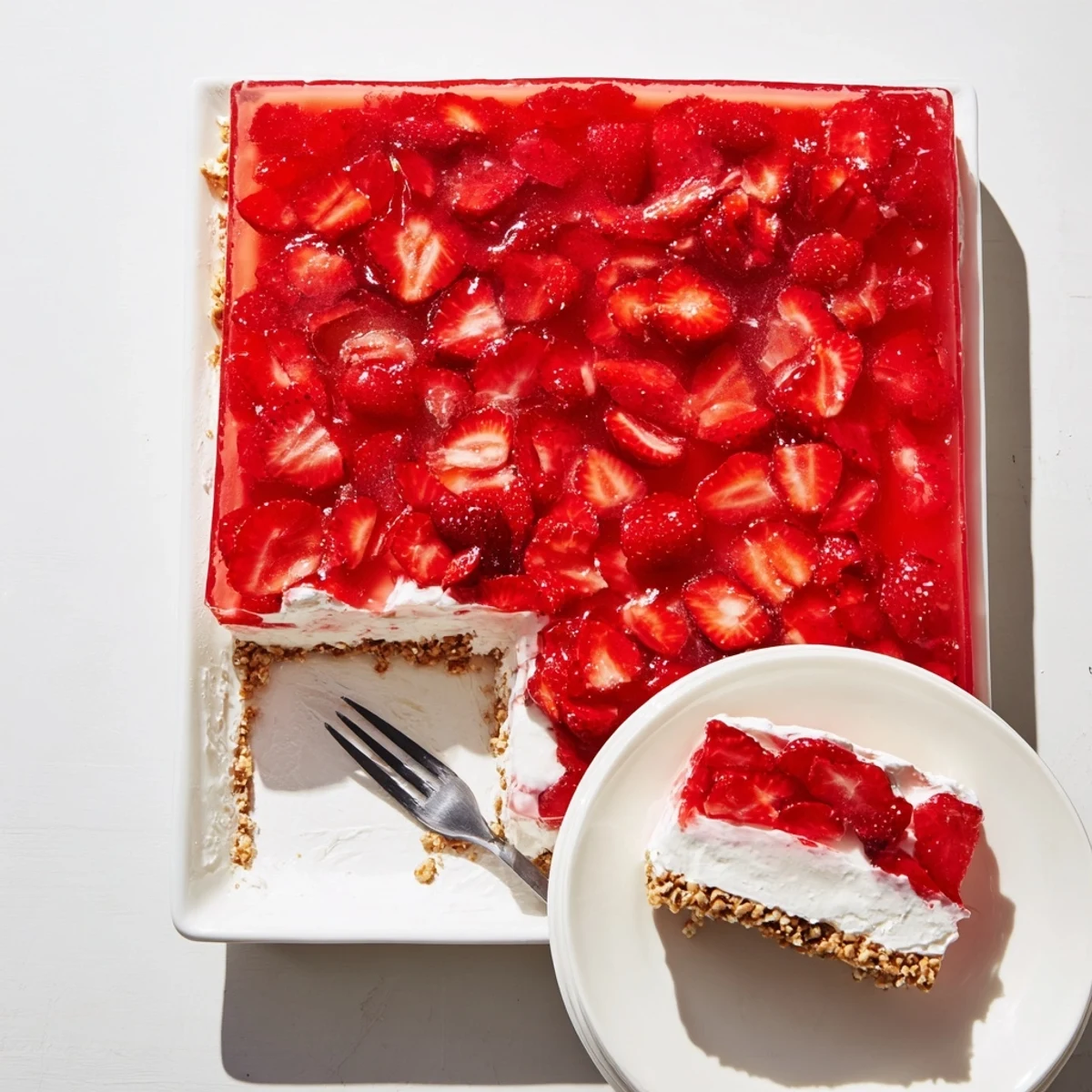 Homemade strawberry crackle salad layered with bright red berries and a buttery pretzel crust