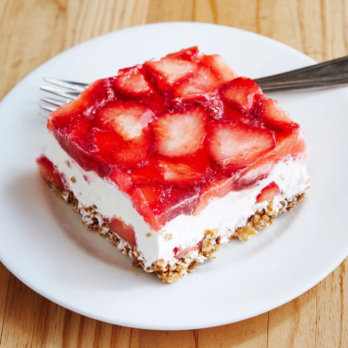 Creamy strawberry crackle salad dessert with a crunchy pretzel base topped with fresh sliced strawberries