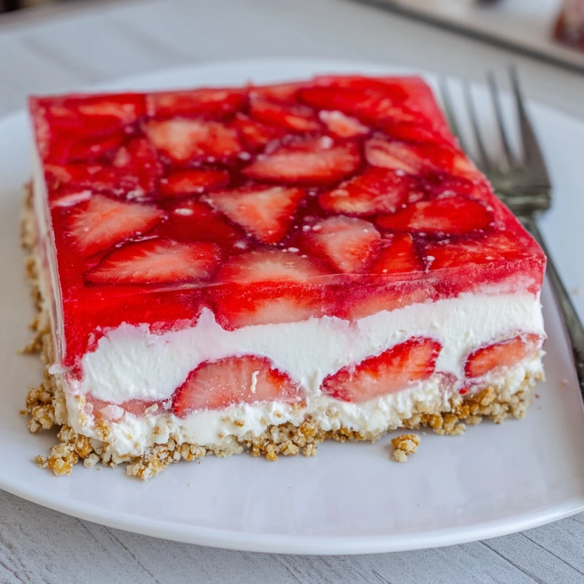 Chilled strawberry crackle salad in a glass dish showing the pretzel crust and gelatin layers