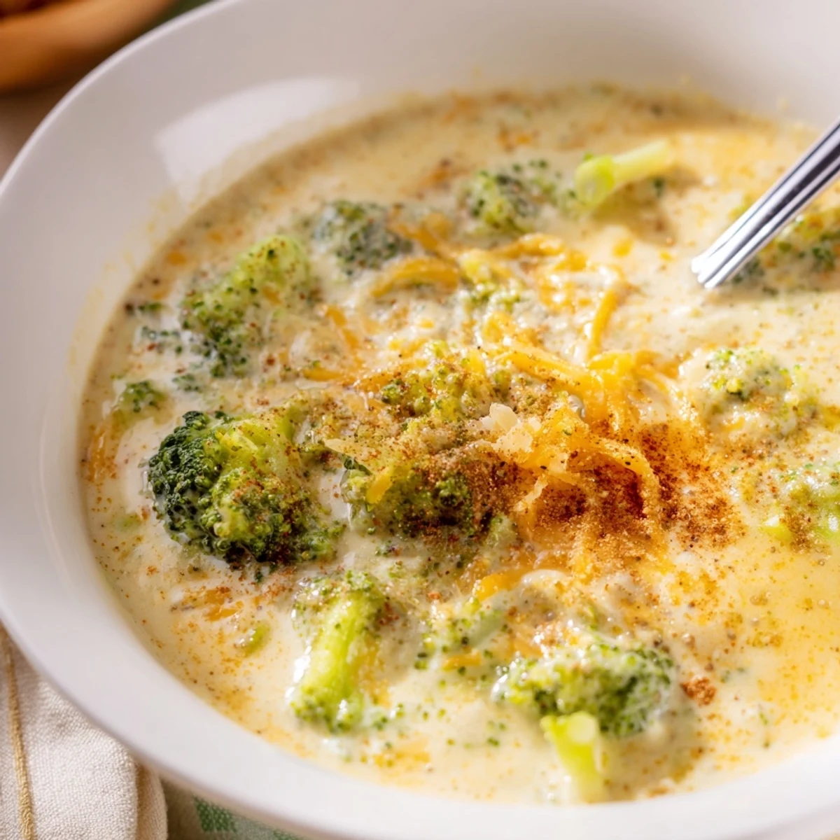 Rich orange Instant Pot broccoli cheddar soup with visible broccoli florets served with crusty bread
