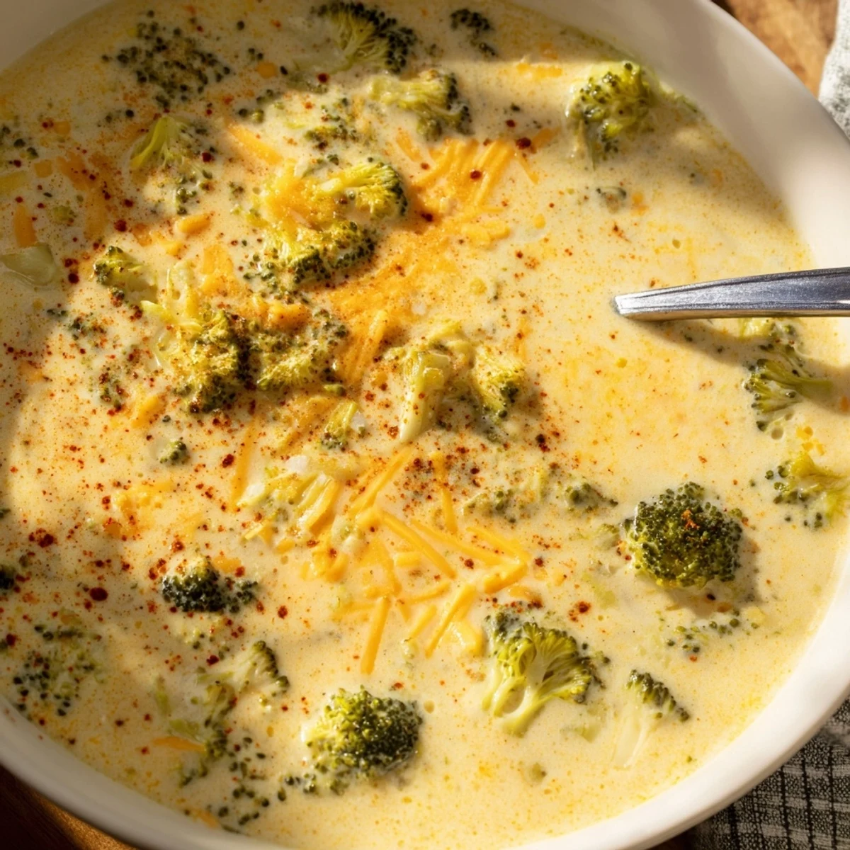 Creamy Instant Pot broccoli cheddar soup topped with melted cheese and fresh herbs in a white bowl