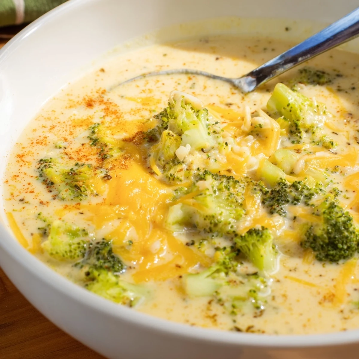 Steaming bowl of homemade Instant Pot broccoli cheddar soup garnished with shredded cheddar and parsley