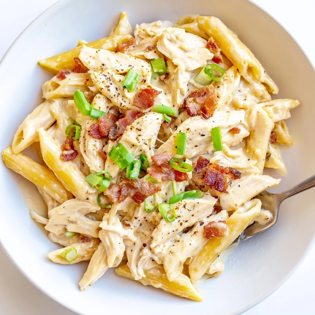 Creamy crack chicken pasta topped with crispy bacon, melted cheddar, and fresh green onions