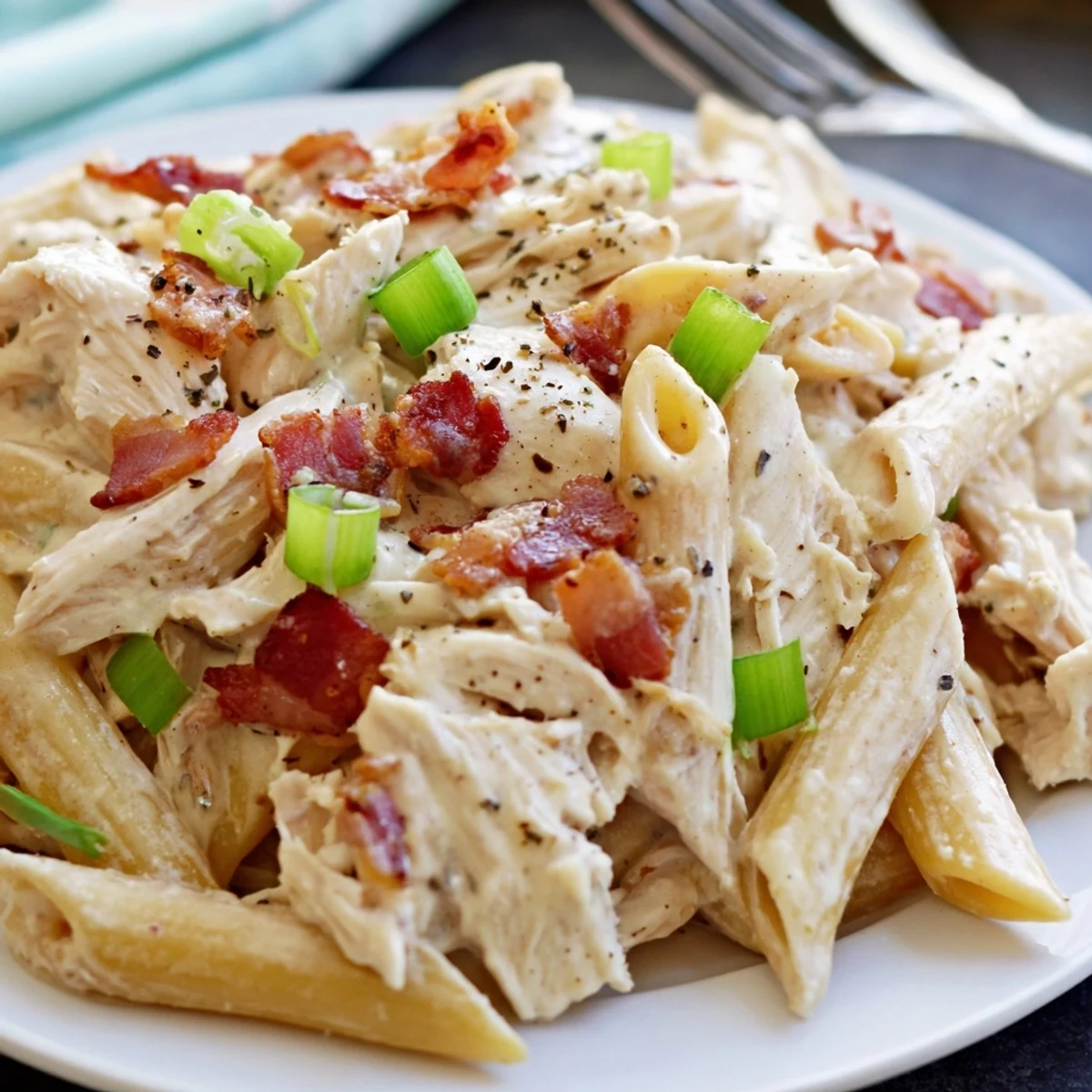 Steaming bowl of cheesy crack chicken pasta with tender shredded chicken and savory ranch cream sauce