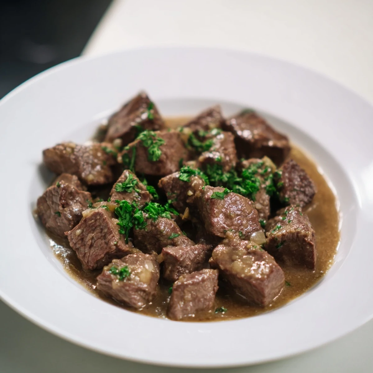Golden brown Crockpot steak bites swimming in garlic butter herb sauce with fresh parsley garnish