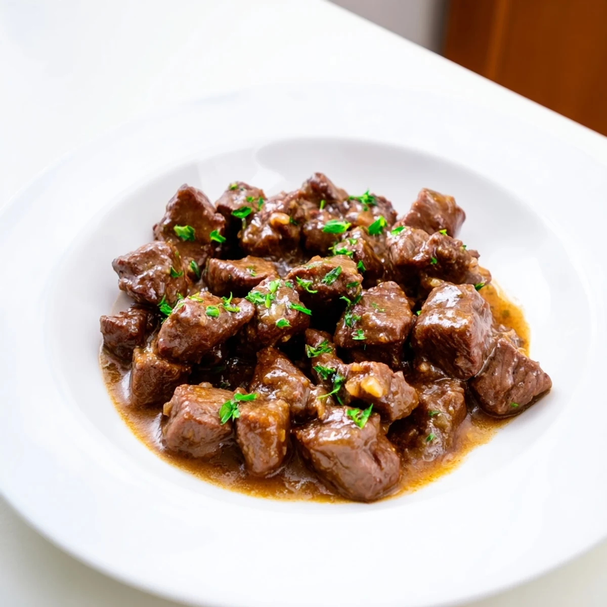 Tender slow-cooked steak bites coated in rich buttery garlic glaze perfect for weeknight dinners