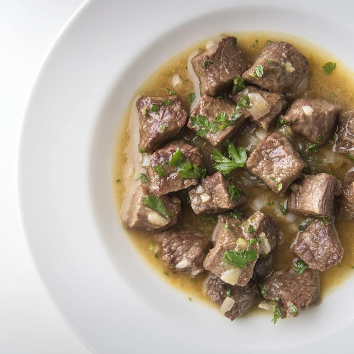 Juicy cubed steak simmered in crockpot with savory herbs and Worcestershire sauce until fork-tender