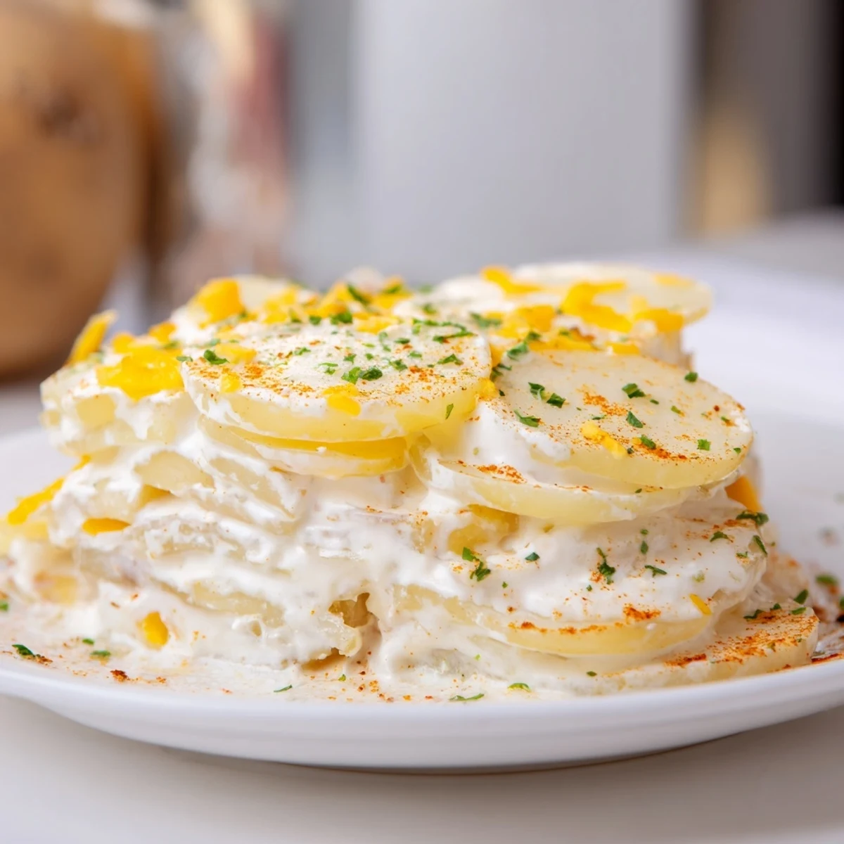 Golden layers of cheesy Crockpot Scalloped Potatoes bubbling in a slow cooker with melted cheddar