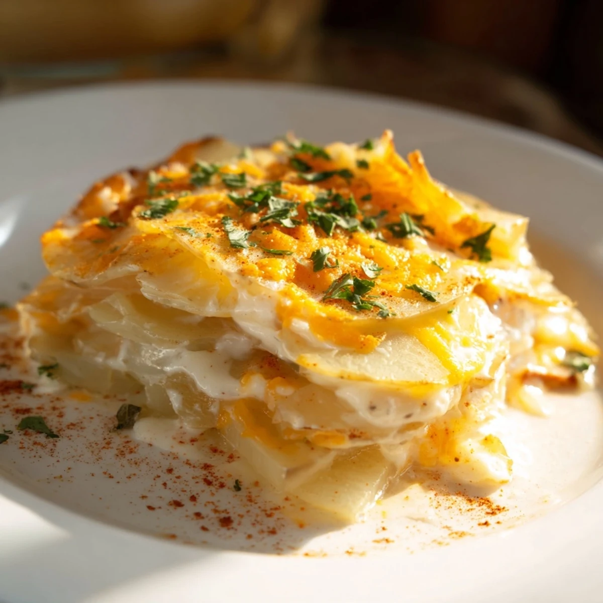Tender slow-cooked scalloped potatoes with rich cheese sauce and fresh parsley garnish on a serving plate
