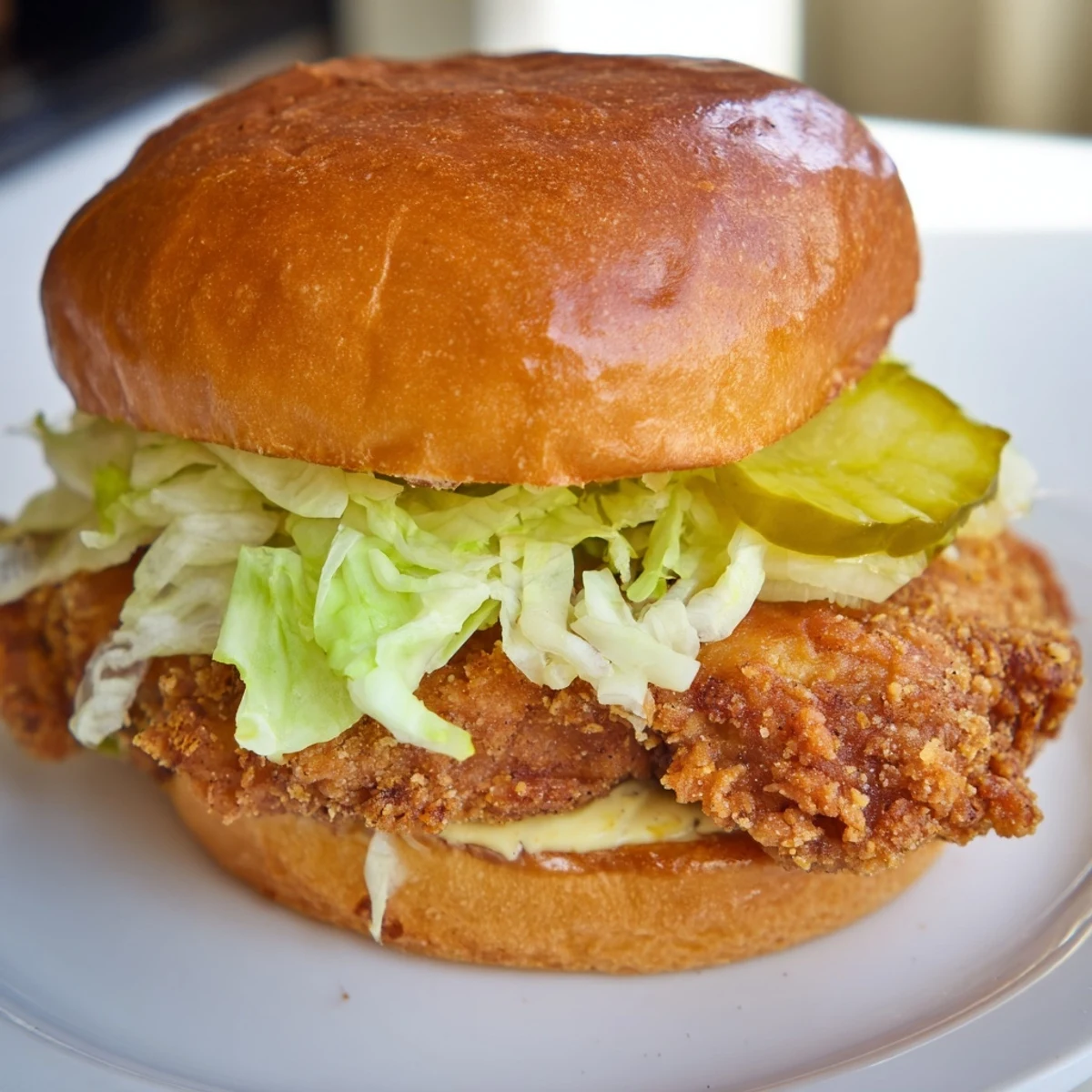 Golden pickle brined fried chicken sandwich served on toasted brioche bun with crisp lettuce and tangy pickles