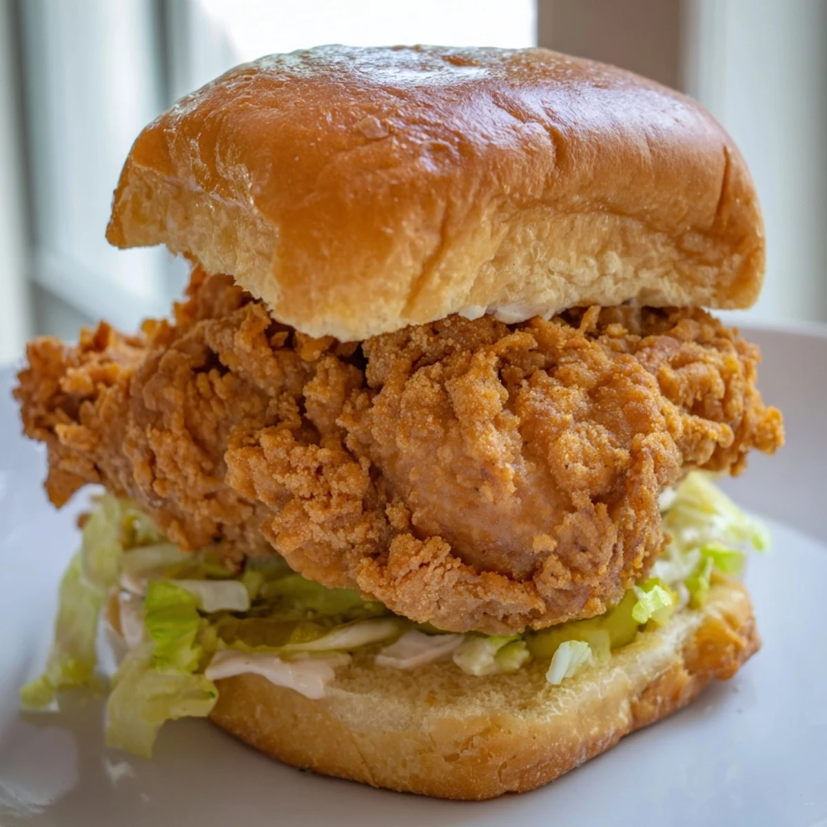 Juicy pickle brined fried chicken sandwich featuring golden crusted meat layered with shredded lettuce and pickle slices on toasted bun