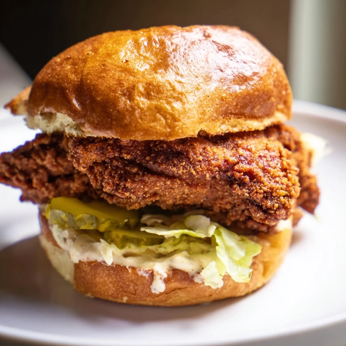 Crispy fried chicken breast marinated in dill pickle juice stacked on soft potato bun with fresh toppings