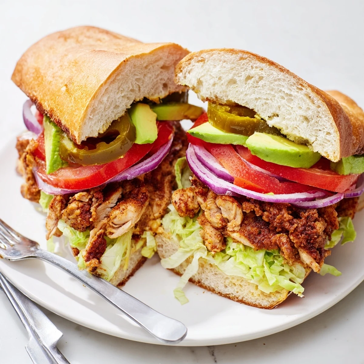 Golden chicken torta sandwich stacked with avocado, jalapeños, and fresh vegetables on toasted bolillo roll