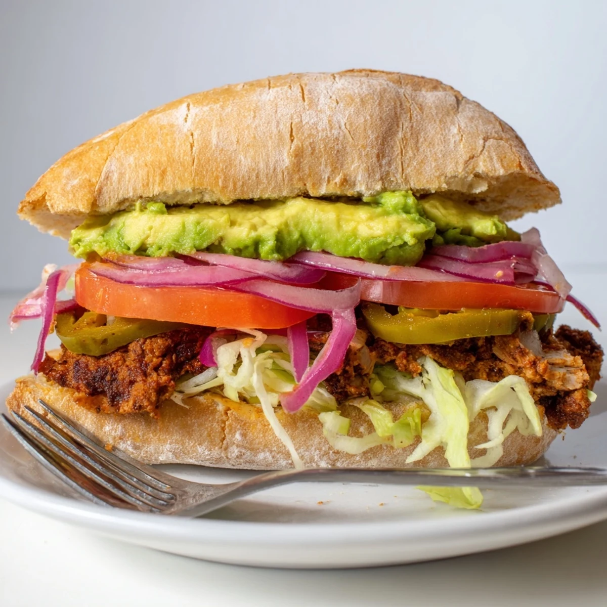 Hearty Mexican chicken torta featuring spiced grilled chicken, creamy avocado slices, and crisp lettuce on soft bread