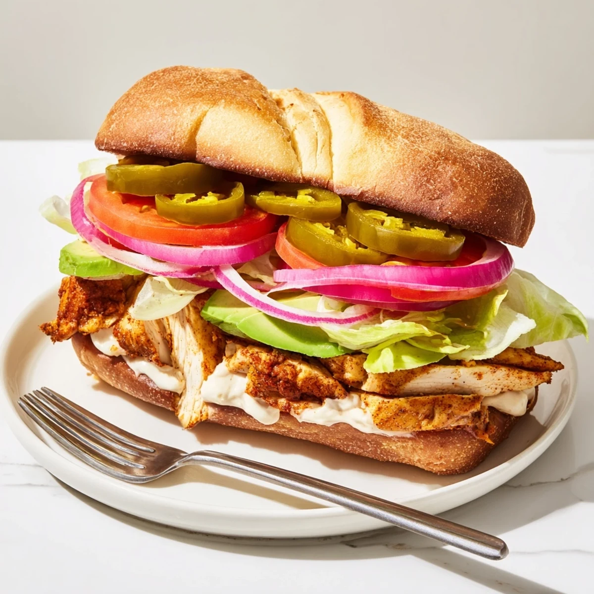 Sliced chicken torta sandwich overflowing with ripe avocado, tomatoes, pickled jalapeños, and refried beans on roll