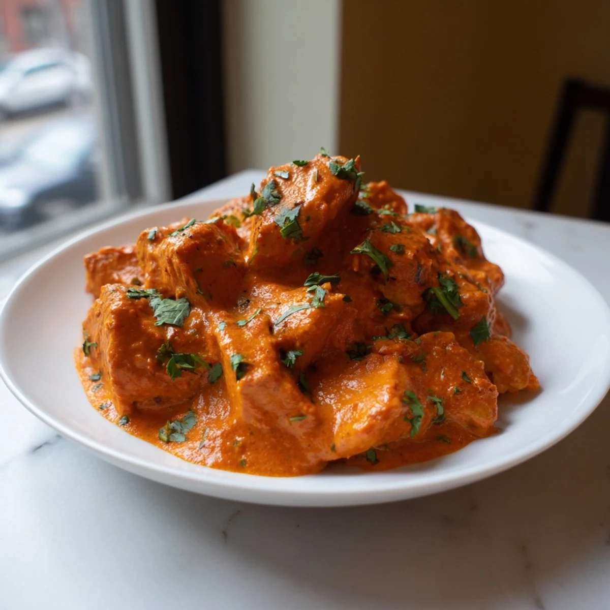 Creamy Instant Pot butter chicken served over fluffy white rice with fresh cilantro garnish