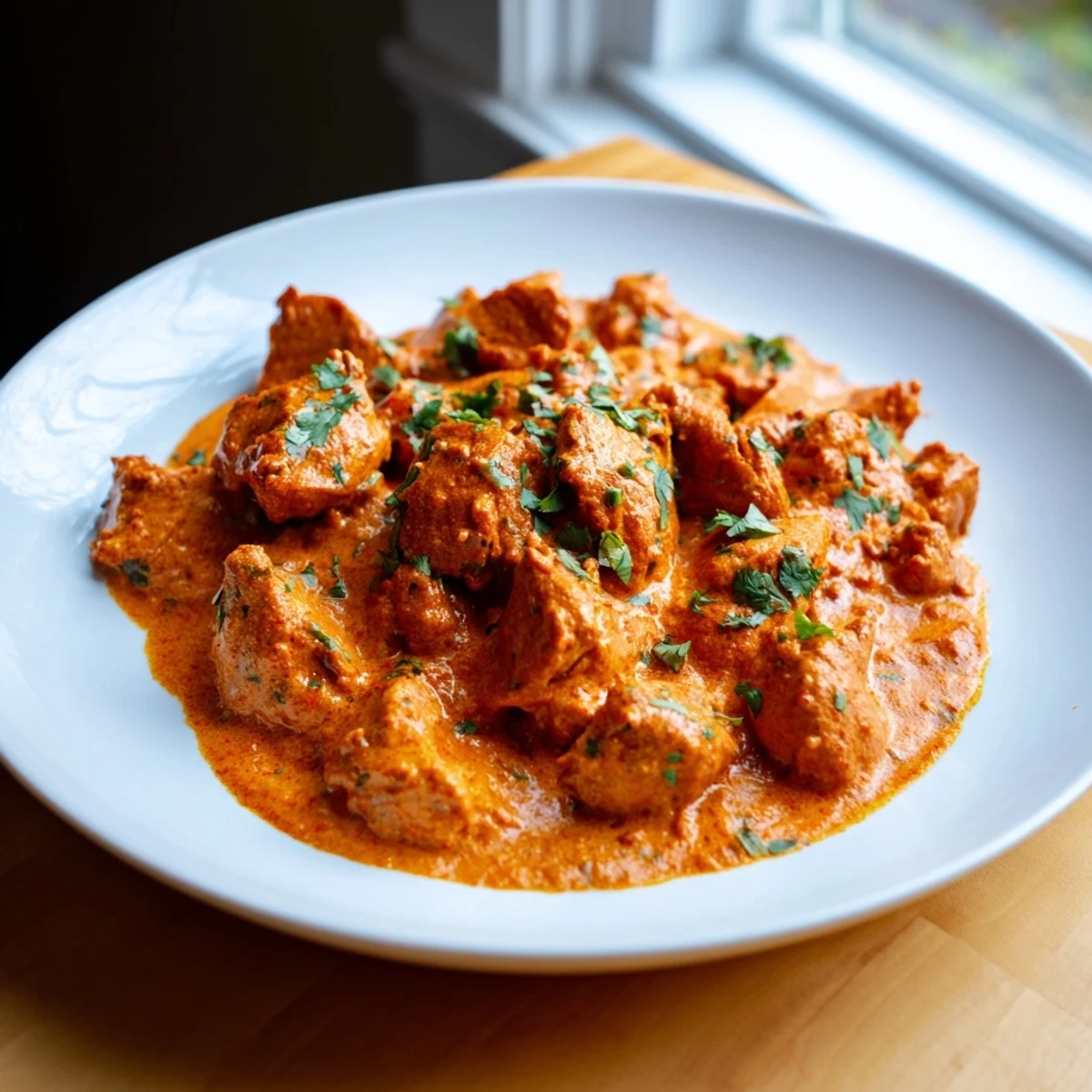 Tender chicken thighs simmered in rich tomato-based sauce with aromatic Indian spices in pressure cooker