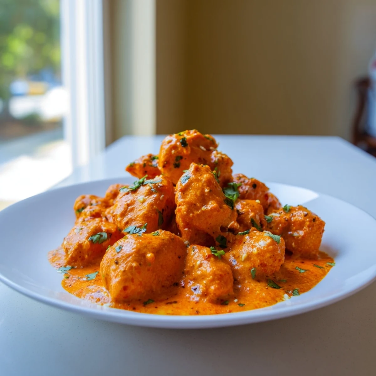 Golden butter chicken pieces coated in silky orange gravy alongside warm naan bread for dipping