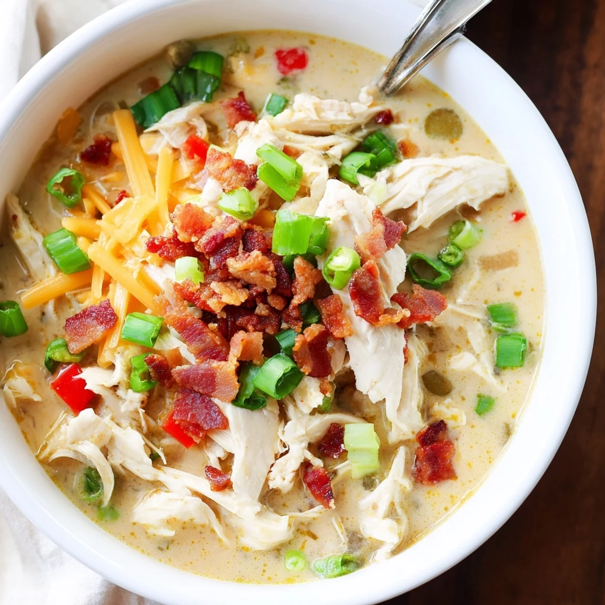 Steaming bowl of rich jalapeno popper chicken soup garnished with sliced green onions and red pepper