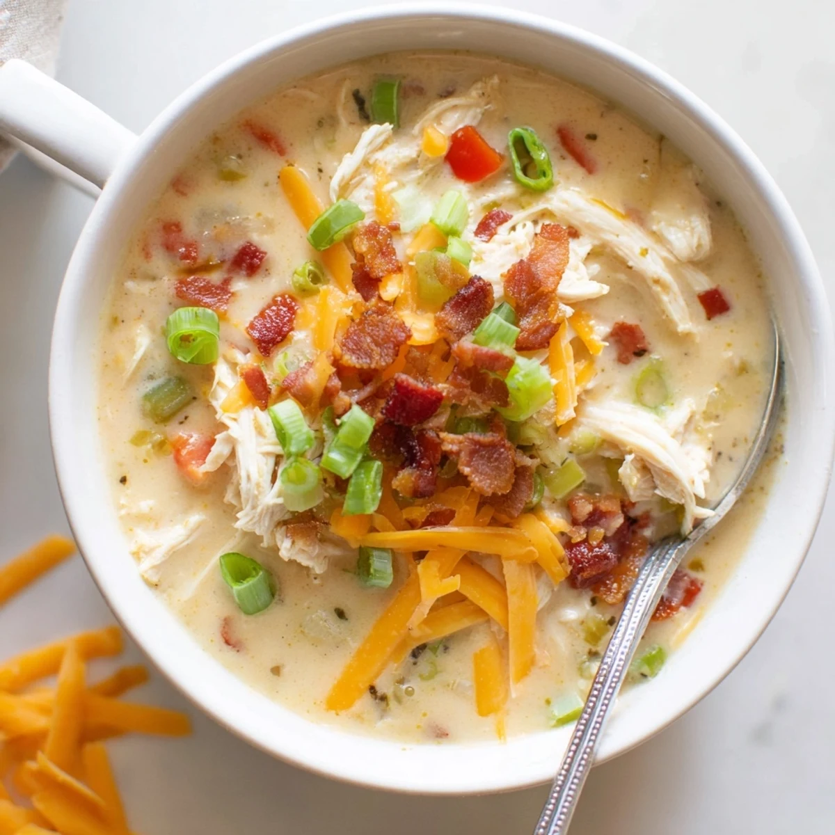 Spoonful of smooth jalapeno popper chicken soup featuring shredded chicken and diced jalapeno peppers in broth