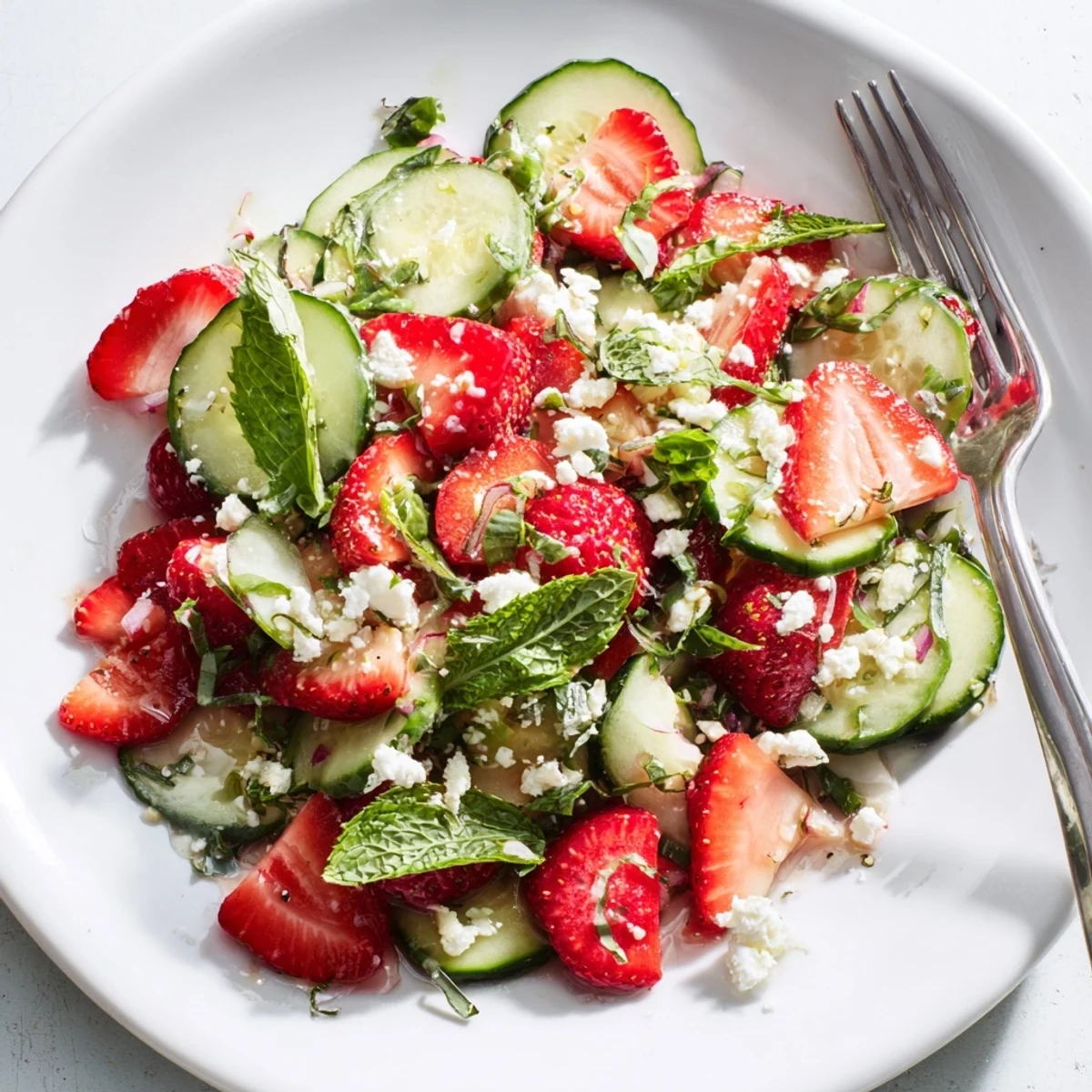 Fresh strawberry cucumber salad tossed with mint, basil, and tangy balsamic dressing in a white serving bowl