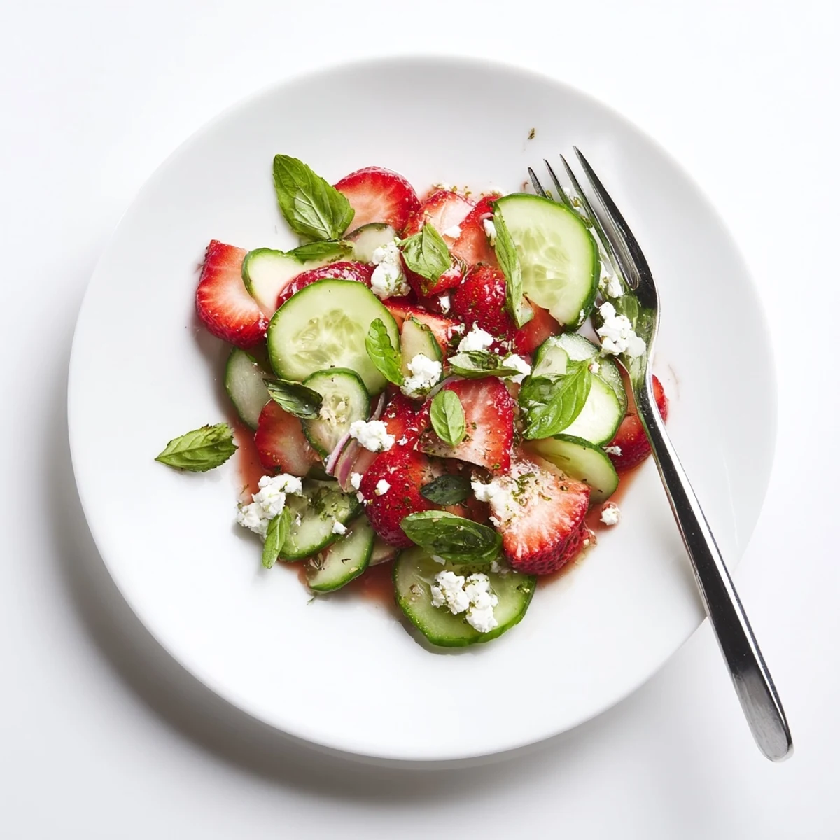 Vibrant summer salad featuring juicy red strawberries, crisp green cucumbers, and crumbled feta cheese on a rustic wooden platter