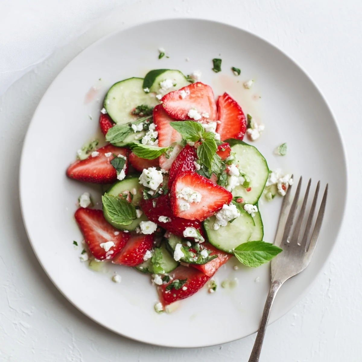 Light and refreshing strawberry cucumber salad drizzled with honey lemon dressing, garnished with fresh herbs and black pepper