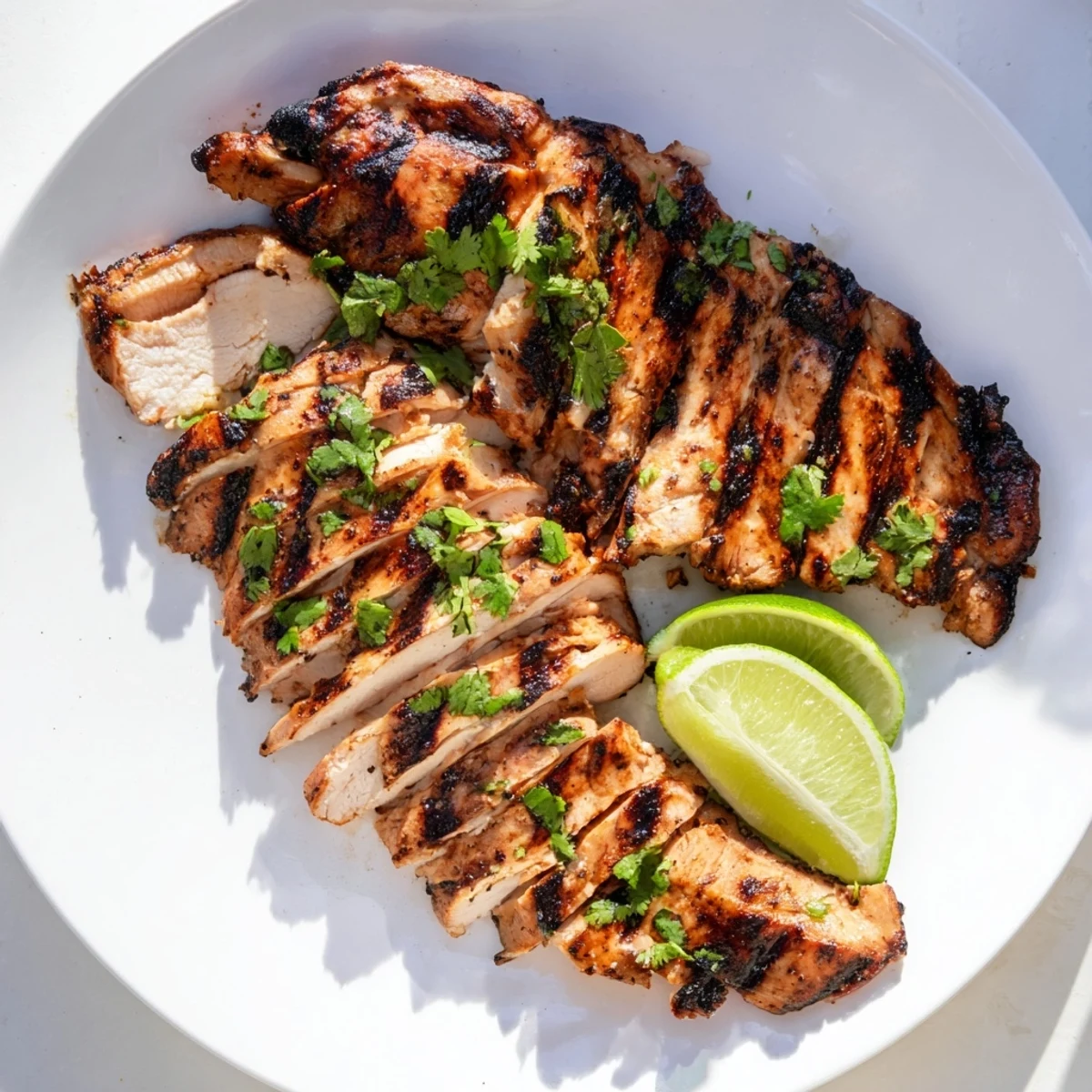 Juicy Key West grilled chicken with char marks and fresh cilantro garnish on a white plate.