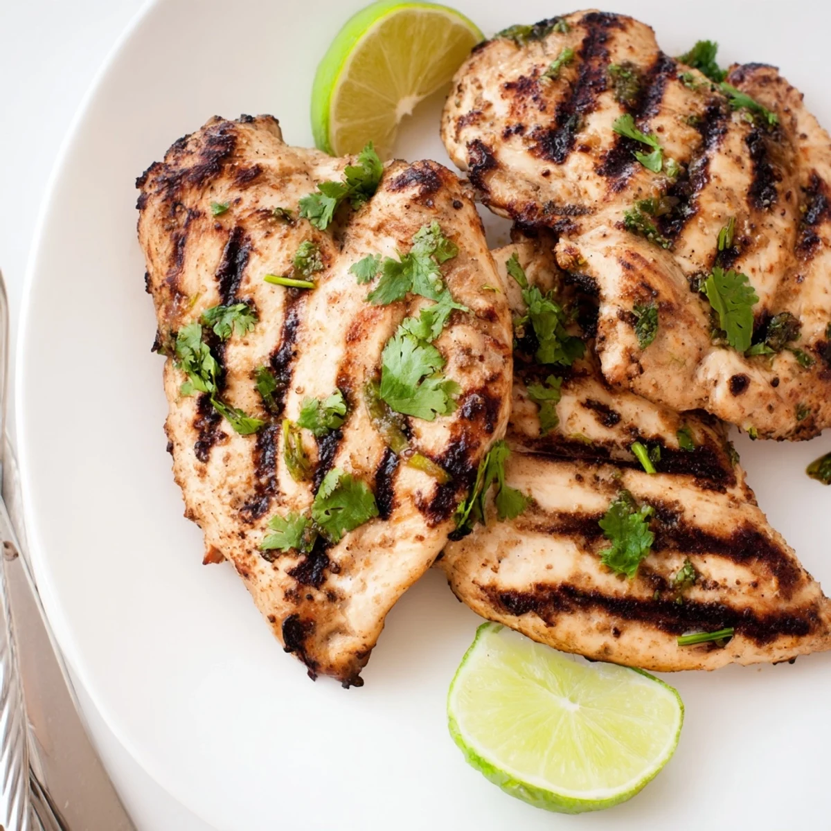 Citrus-marinated Key West grilled chicken breast served with lime wedges on a rustic wooden board.