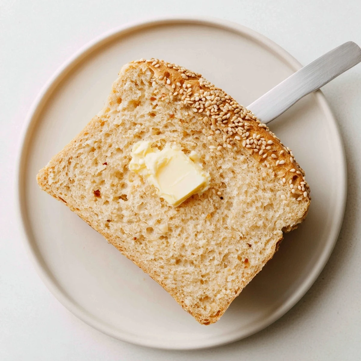 Fluffy keto zero carb yogurt bread toasted with sesame seeds and herb garnish