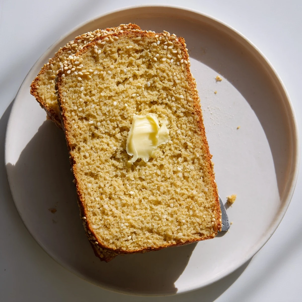 Homemade zero carb yogurt bread pan fresh from oven with golden crust