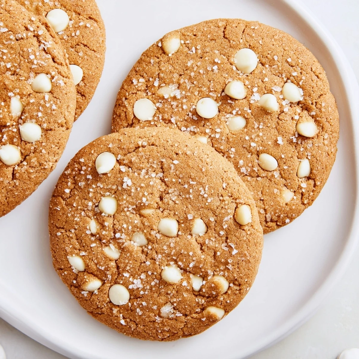 Golden bakery-style gingerbread white chocolate cookies with molasses and warm winter spices on a wooden board