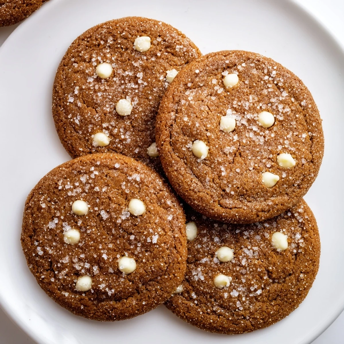 Freshly baked gingerbread white chocolate cookies stacked high with melted chips visible throughout