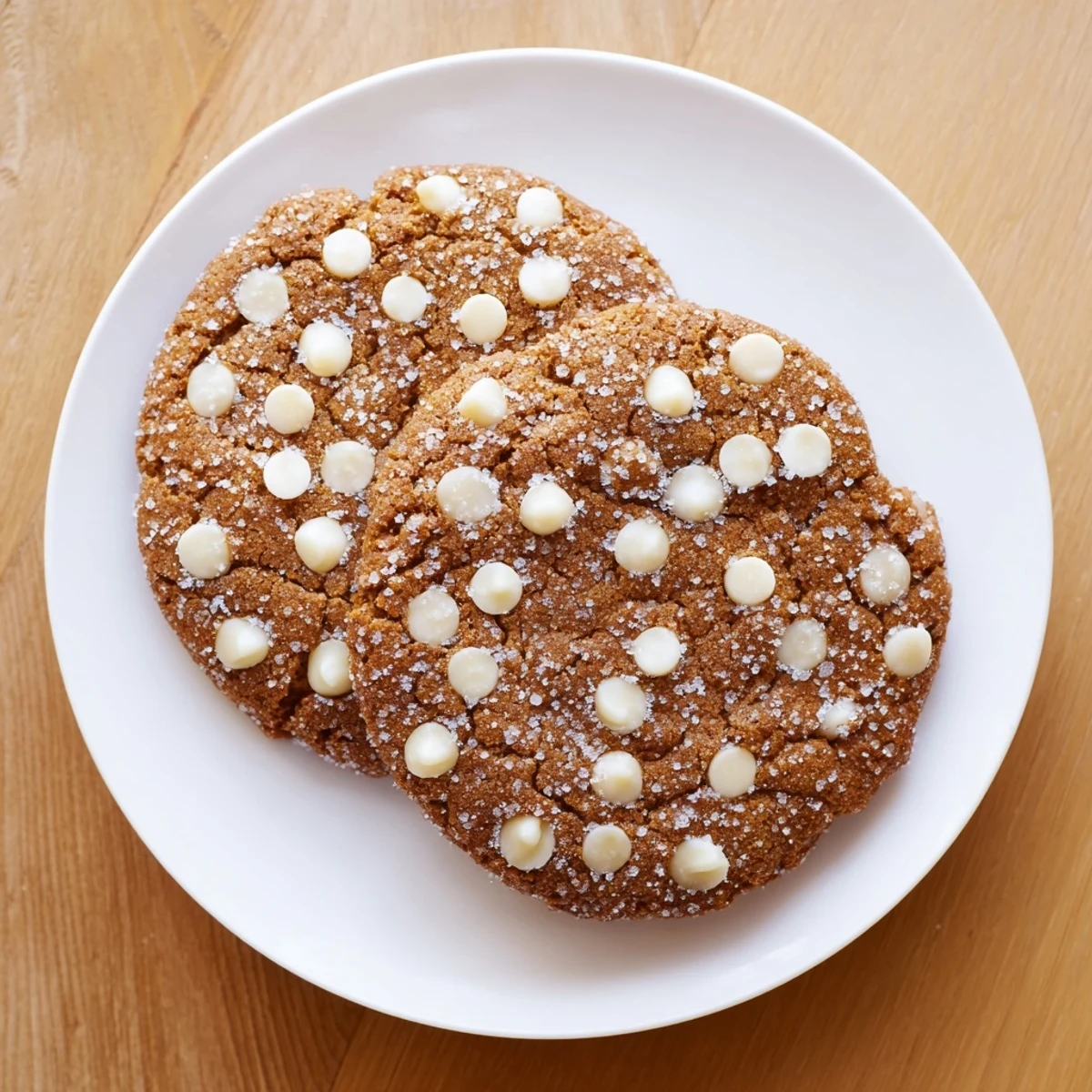 Soft spiced gingerbread white chocolate cookies cooling on a wire rack with sugar-crusted edges