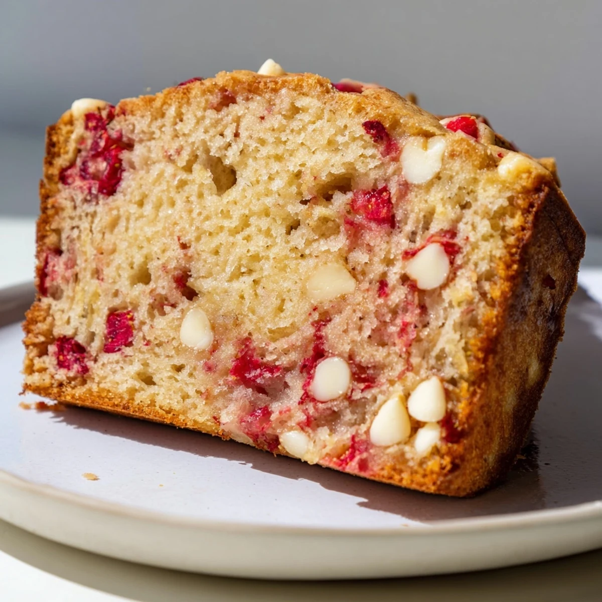 Sliced sourdough white chocolate chips strawberry bread revealing tender crumb with melted white chocolate chunks
