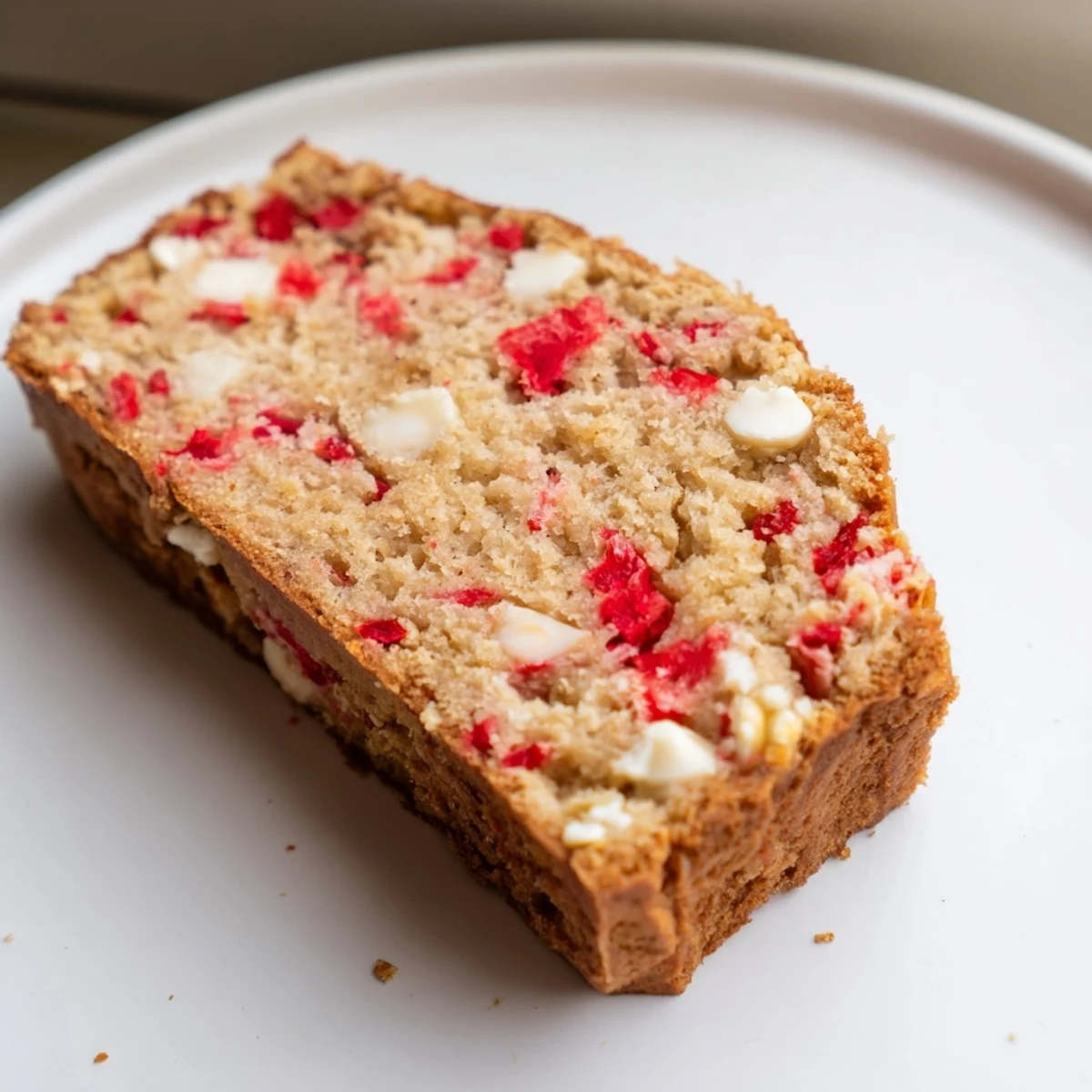 Golden brown sourdough white chocolate chips strawberry bread loaf studded with juicy red berries