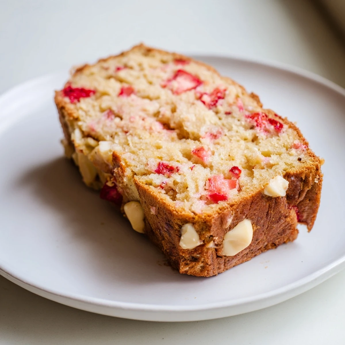 Fresh baked sourdough white chocolate chips strawberry bread cooling on wire rack ready for slicing